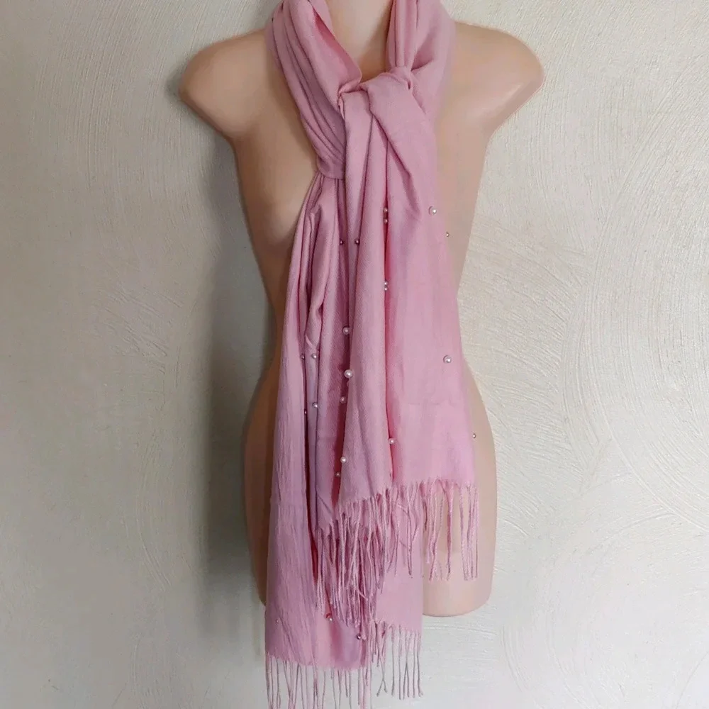 Pink Scarf/Shawl with Pearl and Silver Stud Accents Wide with Tassels